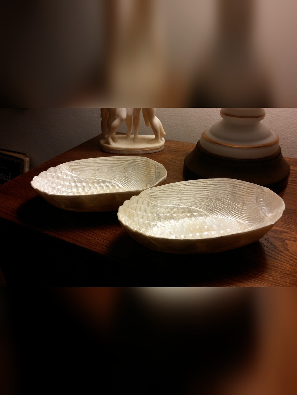 Antique Iridescent Nacre Oblong Bowls Intricate Corn Design Set of 2, 6 1/8"